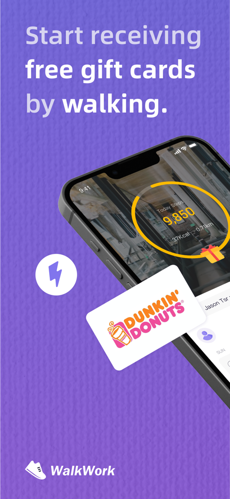 Interface do aplicativo WalkWork mostrando contador de passos e um vale-presente da Dunkin Donuts como recompensa.