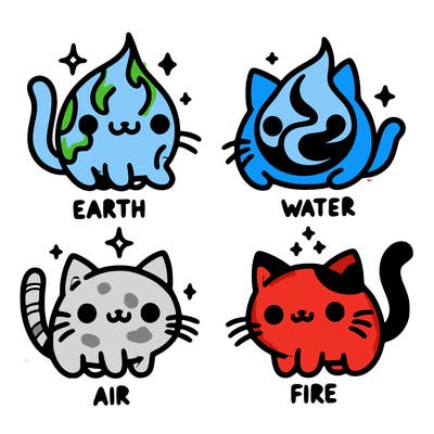 4 cats that represent the different elements, earth, water, air, and fire
