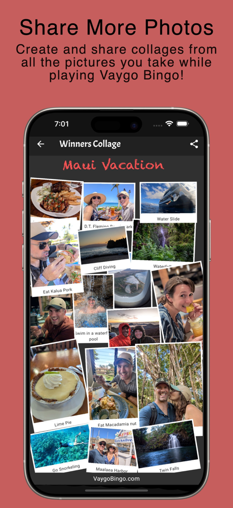 Vaygo Bingo - Travel Game - A winners collage in the Vaygo Bingo app featuring photos from a Maui vacation.