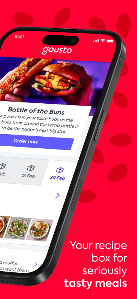 Gousto - Um smartphone mostrando a interface da aplicação Gousto com uma promoção Battle of the Buns e um calendário de entregas agendadas.