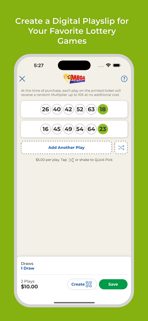 Écran de bordereau de jeu numérique de l'application WI Lottery pour Mega Millions
