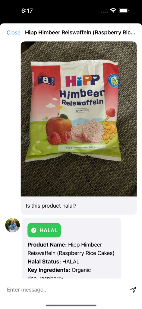 Halal Check AI scanner app showing a halal status for a food product