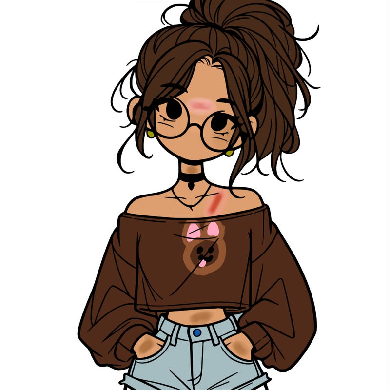 girl with a messy ponytail glasses a baggy crop top and jean shorts