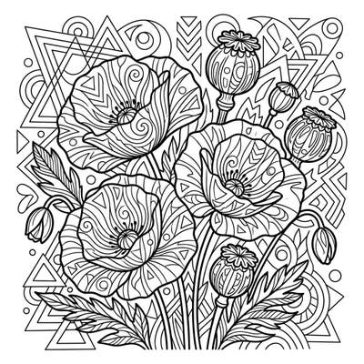 Dive into a captivating floral design with this adult coloring page, blending the delicate beauty of poppies with a bold Pop Art aesthetic. Discover intricate patterns within each petal and a dynamic geometric background, promising hours of mindful creativity.