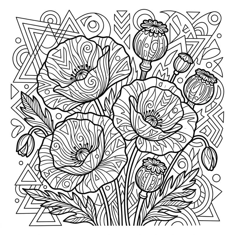 Dive into a captivating floral design with this adult coloring page, blending the delicate beauty of poppies with a bold Pop Art aesthetic. Discover intricate patterns within each petal and a dynamic geometric background, promising hours of mindful creativity.