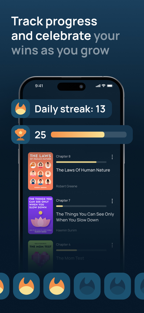 Storist: Read & Speak English - Interface of the Storist app showing a 13 day daily streak and reading progress for various educational books