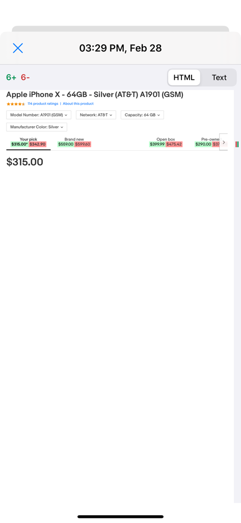 Distill Web Monitor app showing tracked price changes for an Apple iPhone X listing.