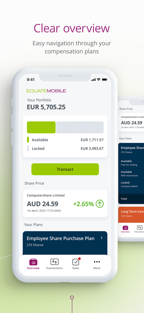 EquateMobile - EquateMobile app interface showing equity portfolio value and share price details