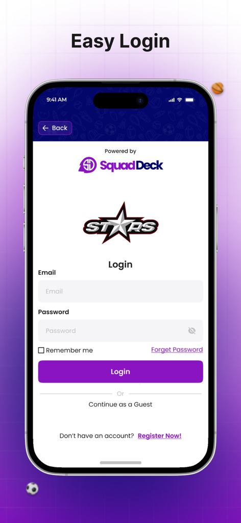 Schermata di accesso dell'app SquadDeck con campi email e password per la gestione del club sportivo