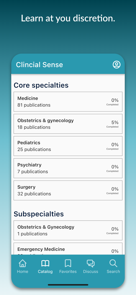 Clinical Sense - Clinical Sense app catalog screen showing core medical specialties like medicine and pediatrics with progress tracking