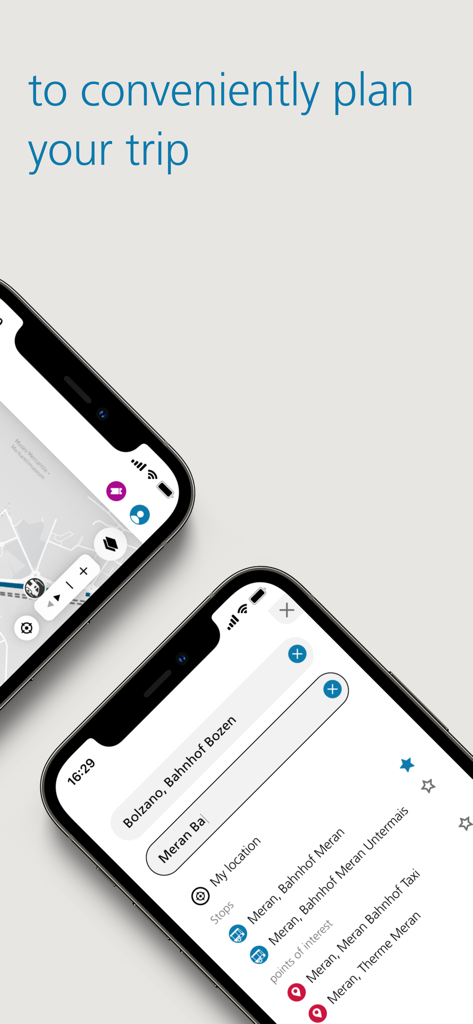 südtirolmobil - Screenshot der mobilen App, der die Routenplanung zwischen Bozen und Meran in Südtirol zeigt