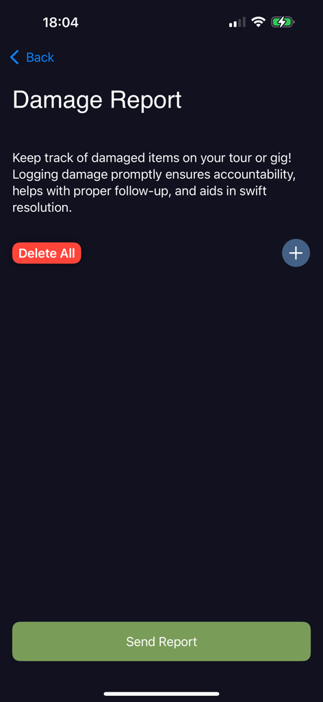 TECH ToolBox - The damage report screen of the TECH ToolBox app for logging equipment issues during live events