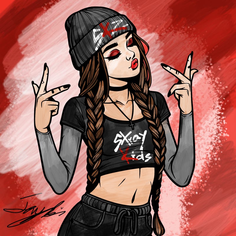 realistic teenage girl with braids and a beanie and crop top doing 🫶🏼