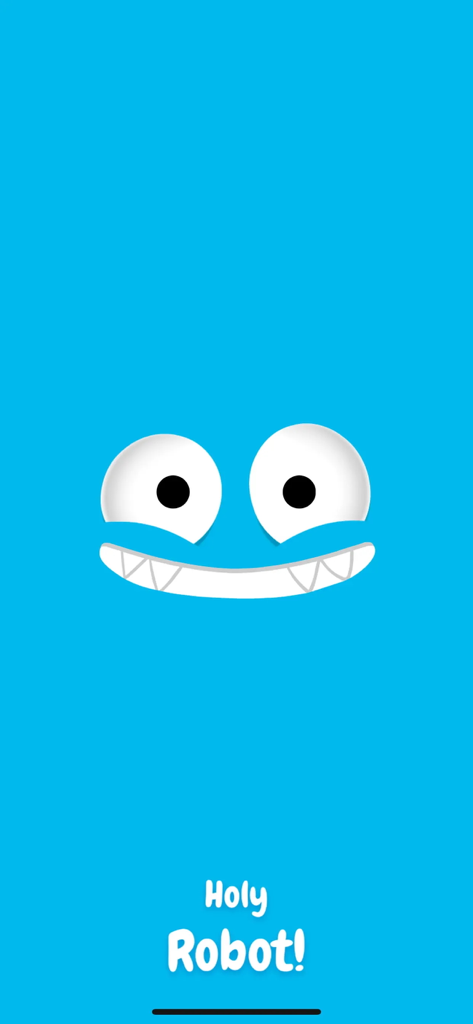 Romo - A friendly blue cartoon robot face with large white eyes and a wide smile with the text Holy Robot