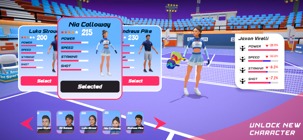 PickleBall 3d - Character selection interface in PickleBall 3d showing player attributes and custom models