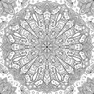 Discover a unique blend of history and intricate design with this stunning ruined castles mandala coloring page. Immerse yourself in the symmetrical beauty of ancient architecture awaiting your creative touch.