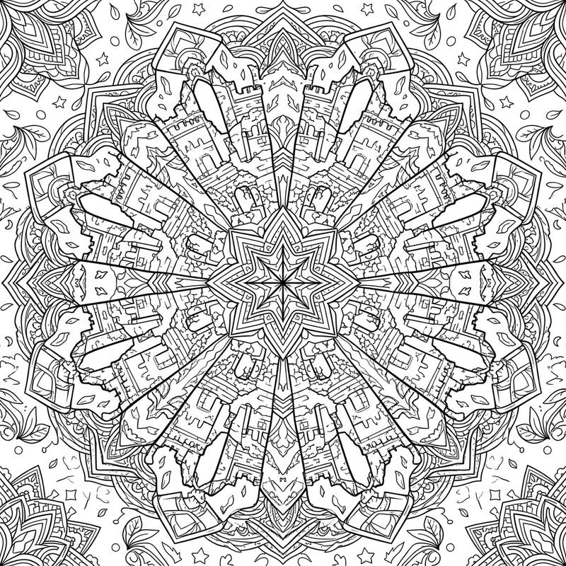 Discover a unique blend of history and intricate design with this stunning ruined castles mandala coloring page. Immerse yourself in the symmetrical beauty of ancient architecture awaiting your creative touch.