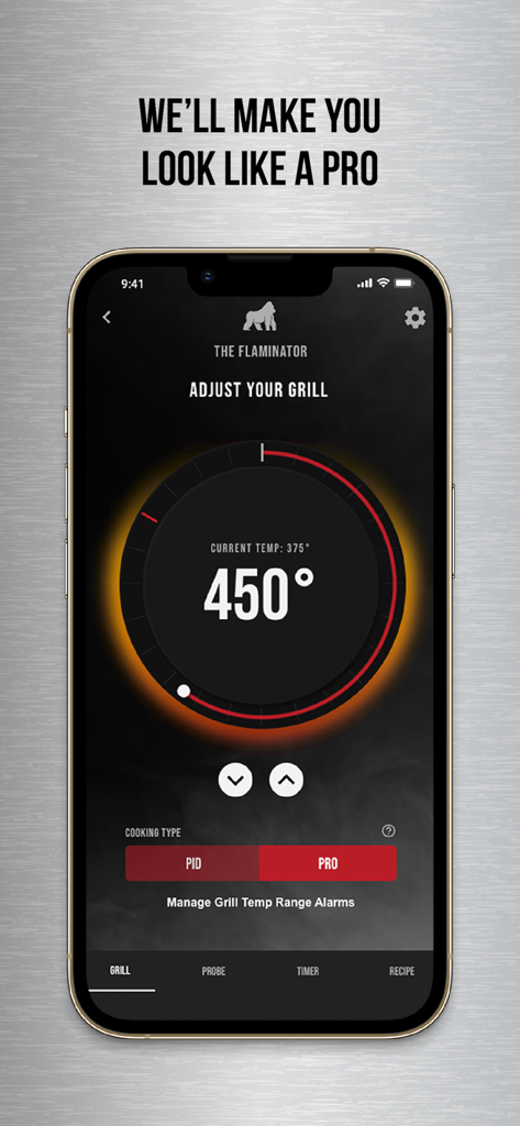 Interface de l'application Grilla Grills montrant un cadran de température pour la gestion à distance du grill
