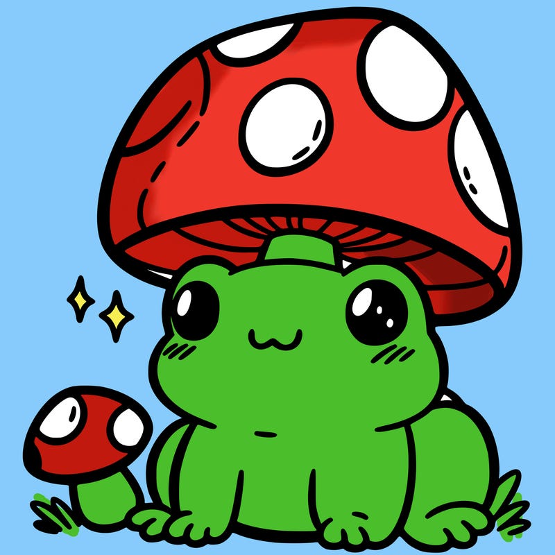 a cute frog with a mushroom hat
