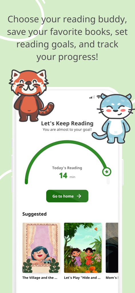 Let's Read - Digital Library - Reading progress tracker screen with cute animal buddies and daily reading goals