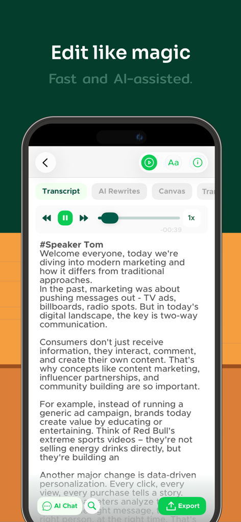 Transcribe Audio to Text Notes - Pantalla de iPhone que muestra una transcripción generada por IA con identificación de orador y herramientas de edición de texto.