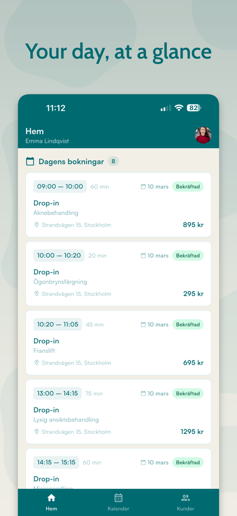 bokin business - Startbildschirm der bokin business App mit einer täglichen Liste von Beauty- und Wellness-Terminen mit Zeiten, Service-Namen und Preisen.