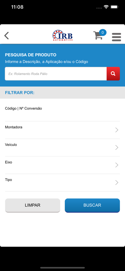 Interface de pesquisa e filtro do aplicativo de catálogo de peças IRB Automotive, permitindo que os usuários encontrem peças por código, fabricante e tipo de veículo.