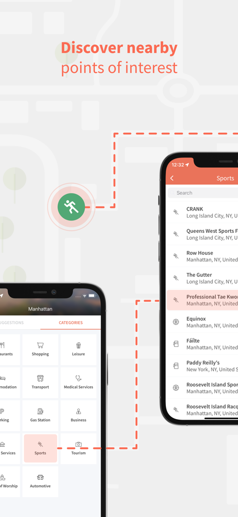 Interface of Karta GPS showing nearby points of interest categories and sports locations in Manhattan.