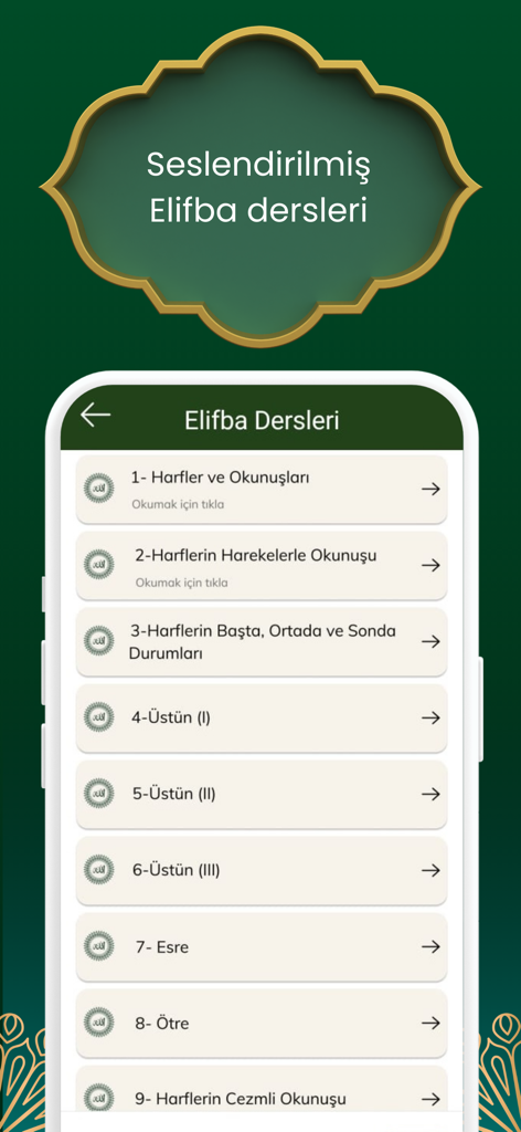 Elif ba - Kur'an Öğreniyorum - Interface of the Elif ba app showing a list of numbered lessons to learn the Quran.