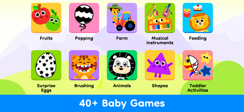 Infant Games for 1 Year Olds - A grid display of various educational baby games including fruits, animals, and musical instruments