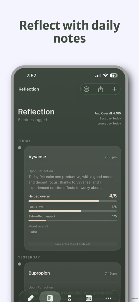 Pillr: ADHD Medication Tracker - Interface of Pillr ADHD app showing a daily reflection log with mood and focus ratings for medication