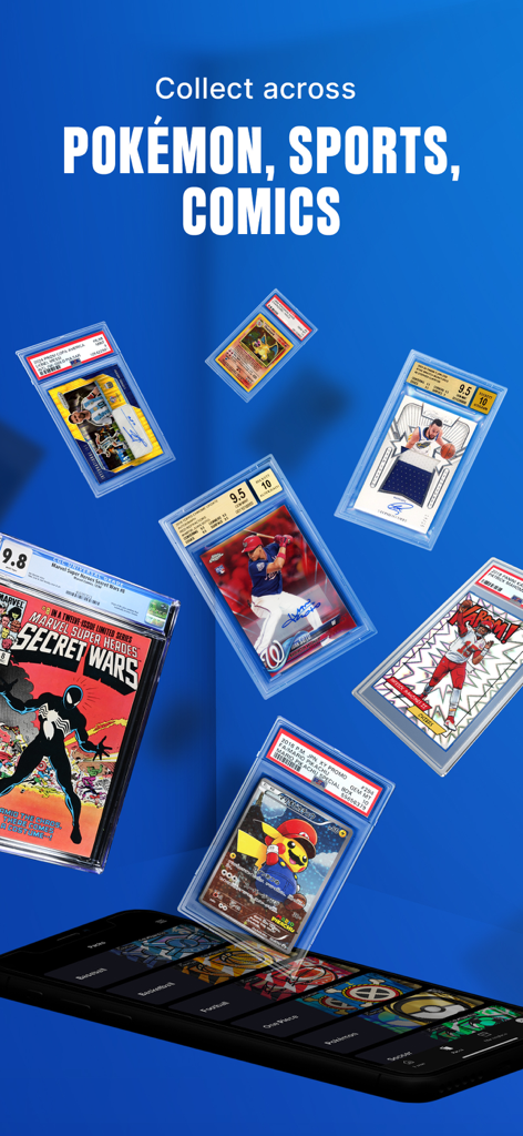 Digital display of graded Pokemon sports and comic trading cards floating above a smartphone screen