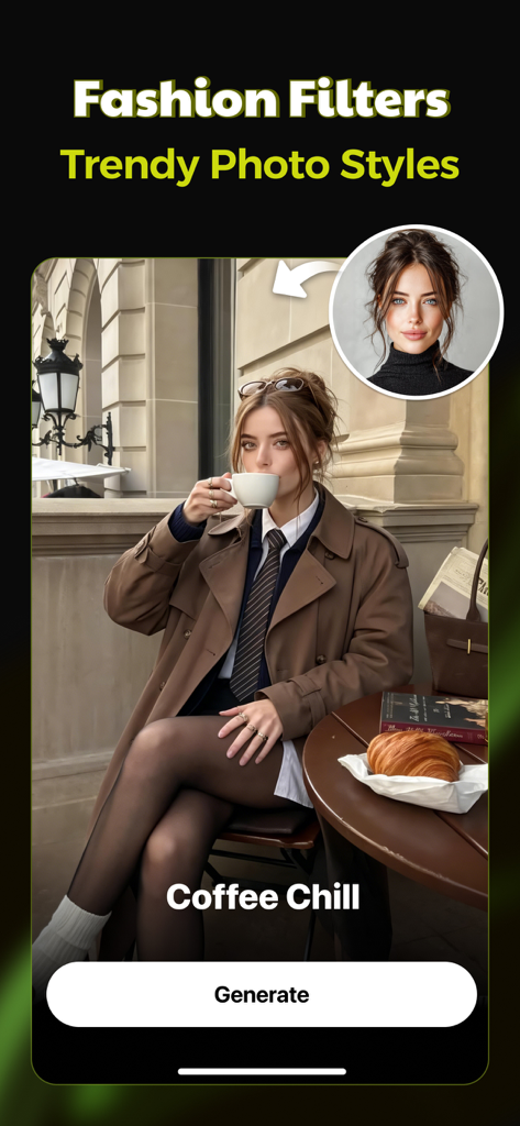 PixLike: Photo & Video Editor - Interface do aplicativo PixLike exibindo filtros de moda e estilos de foto modernos com uma estética de estilo de vida "coffee chill"