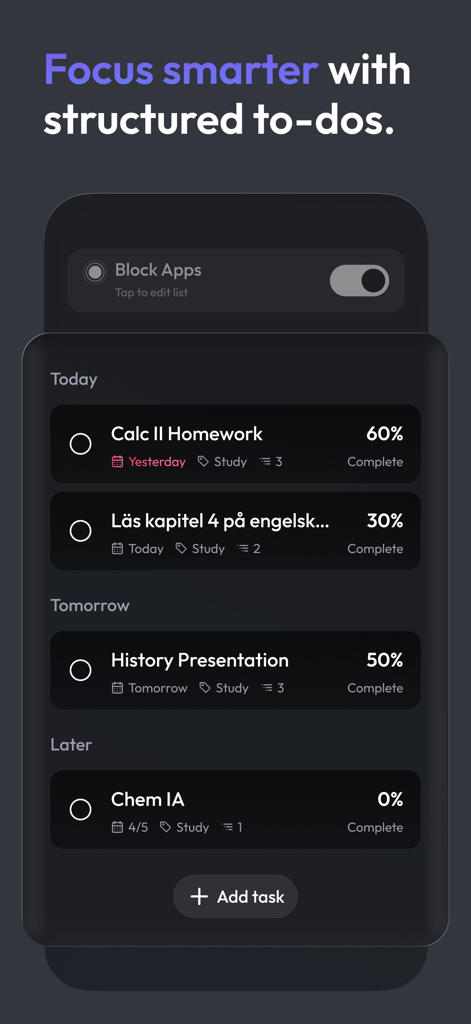 Soundscape: Focus & Deep Sleep - Screenshot of Soundscape app interface showing a structured to-do list with a toggle to block distracting apps for smarter focus.