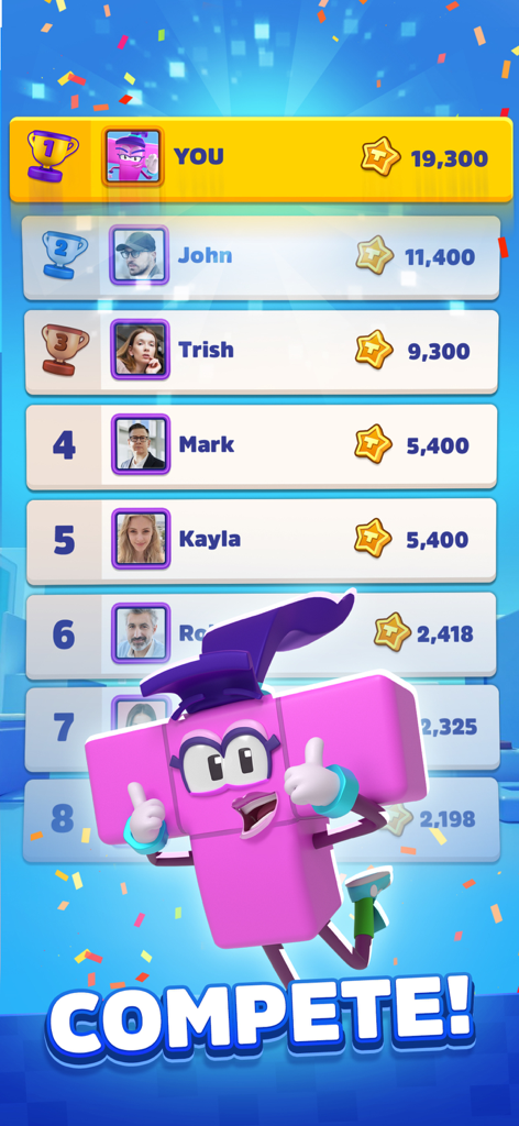 Tetris® Block Party - Tetris Block Party Mobile Game Bestenliste zeigt Spieler-Ranglisten und Punktzahlen für den wettbewerbsorientierten PVP-Modus.