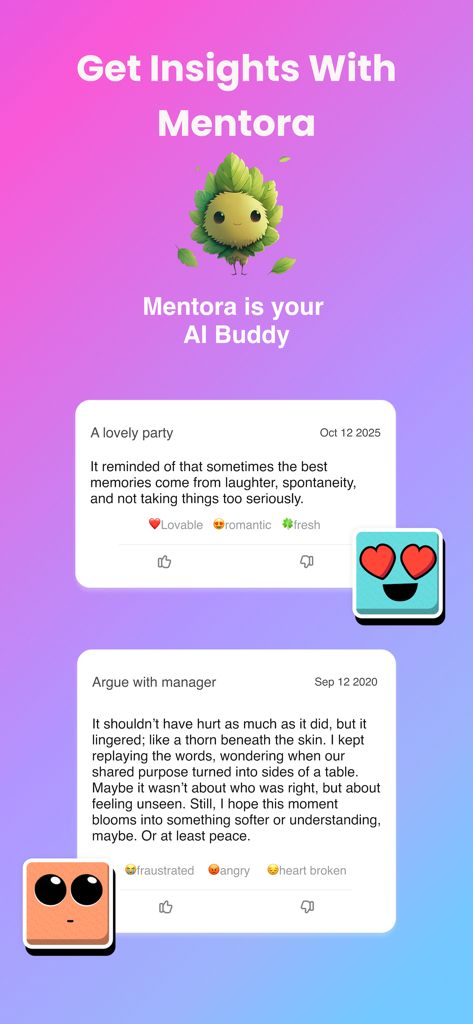 Felt – AI Journal Buddy - Amiga de IA Mentora exibindo insights sobre entradas de diário positivas e negativas na interface do aplicativo Felt