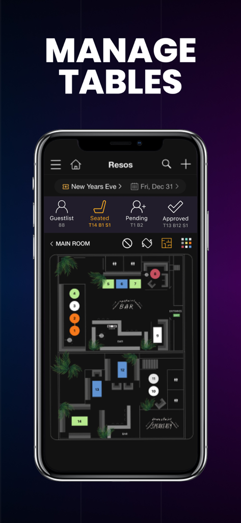 Mr. Black app floor plan view for managing nightclub table reservations and seating.
