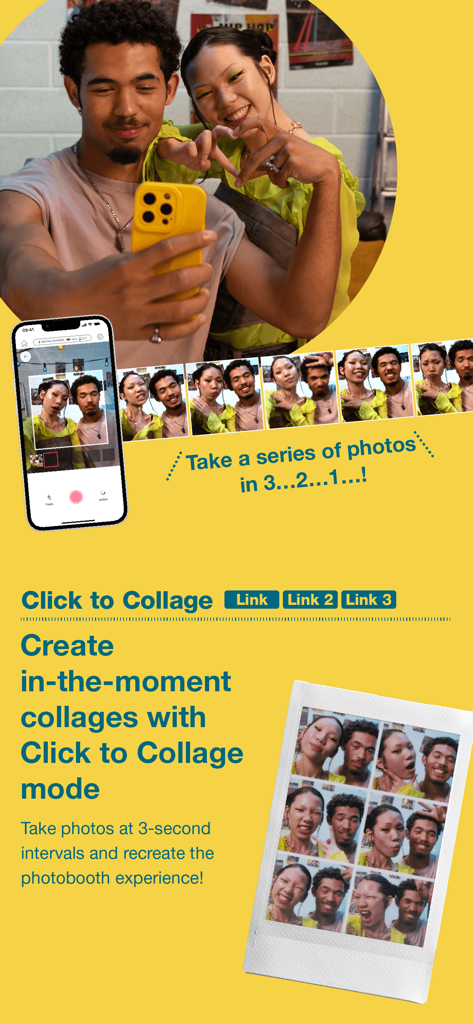 Two people taking photos using the Click to Collage photobooth feature in the instax mini Link app with a sample printed collage.