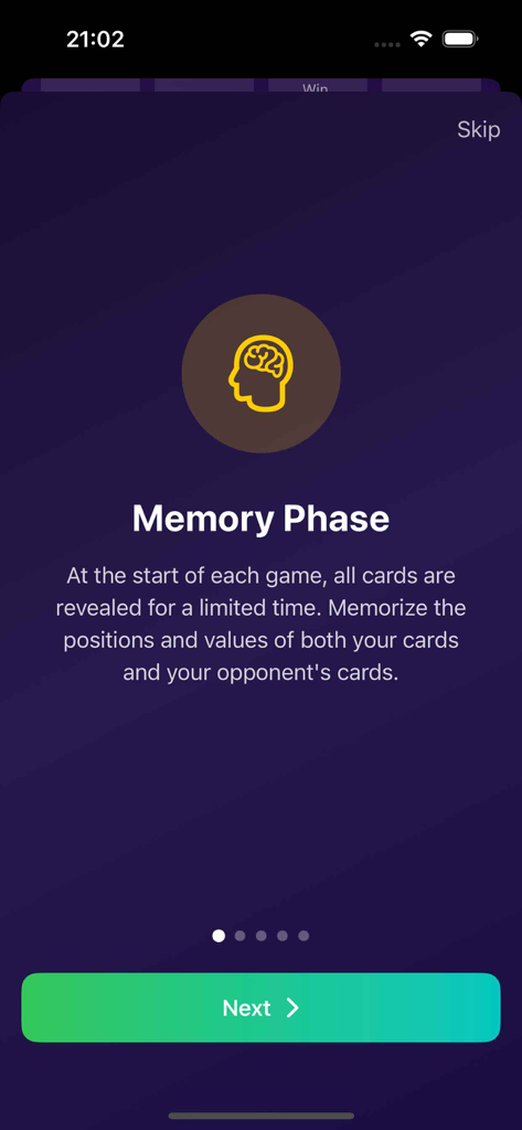 Pantalla de tutorial en la aplicación CardRecallSolo explicando la fase de memoria de la batalla de cartas.