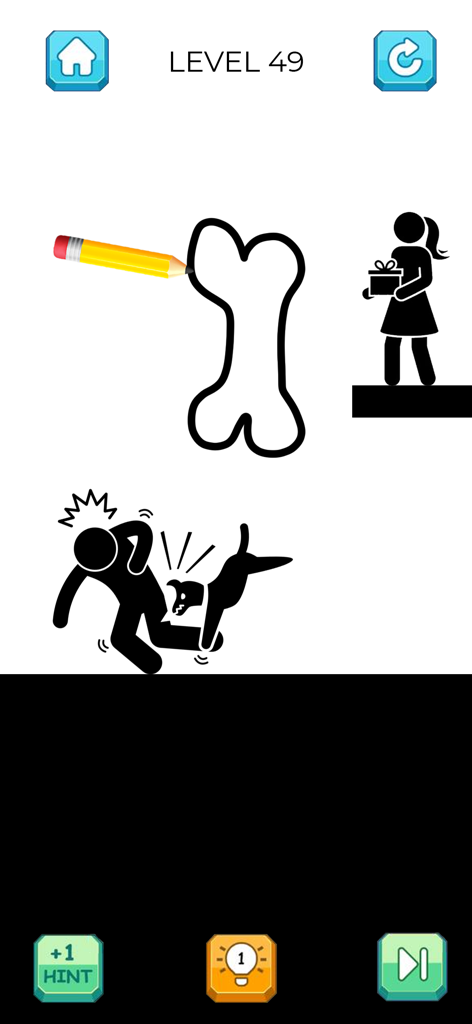 Gameplay de Save The Stickman Draw 2 Save montrant un crayon dessinant un os pour distraire un chien et sauver un personnage