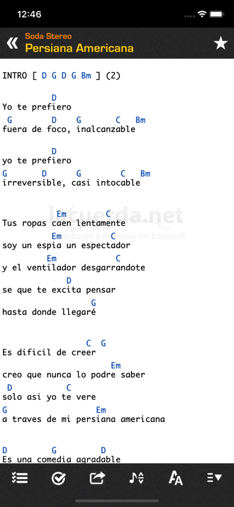 LaCuerda [PRO] - Acordes de guitarra y letra de la canción Persiana Americana en la aplicación LaCuerda PRO.