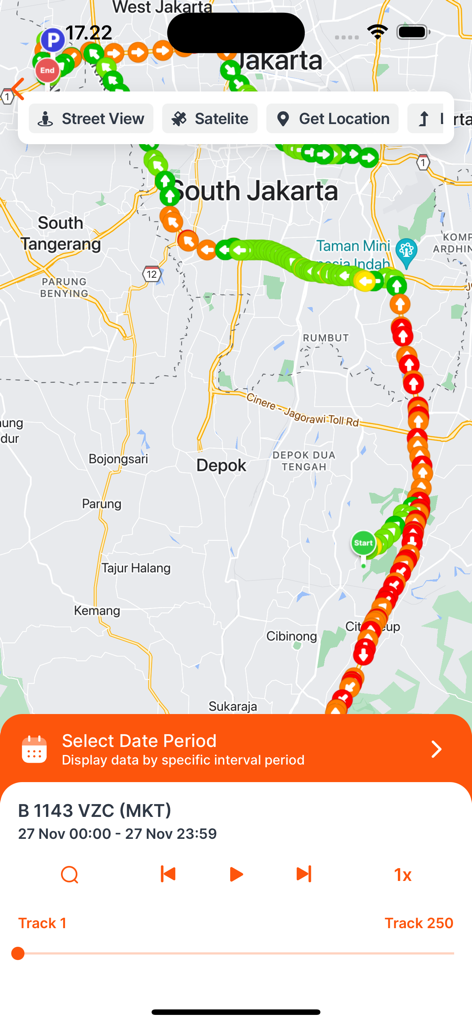 Reprodução de histórico do aplicativo Gtrack GPS mostrando a rota do veículo em um mapa