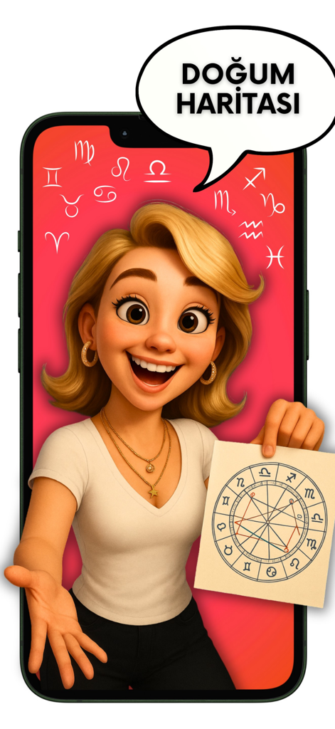 Astromatik - 占星術の出生図をスマートフォン画面に表示している漫画の女性、Astromatikアプリ用。