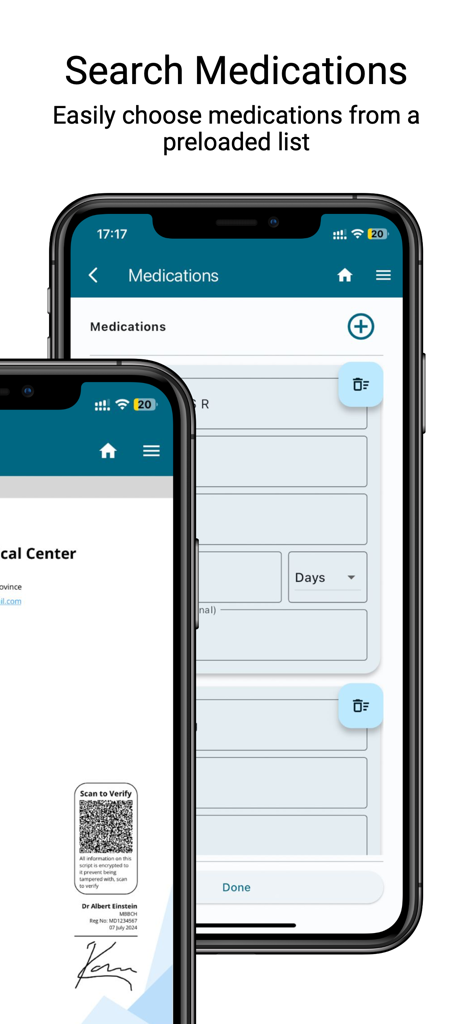 Scripts Assistant - Interface of Scripts Assistant app showing medication search functionality and a digital prescription with QR code verification.
