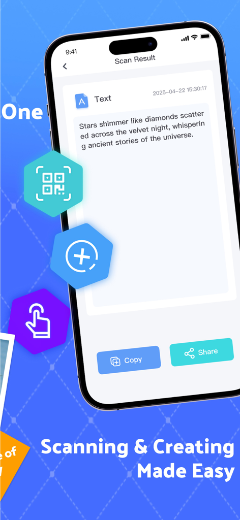 Screenshot dell'app QR Code Scanner che mostra il risultato di una scansione di testo con opzioni di copia e condivisione