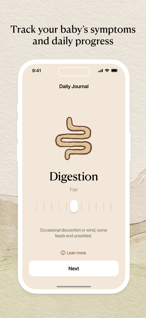 Baby Reflux Guide - Baby Reflux Guide app screen showing a daily journal for tracking baby digestion symptoms