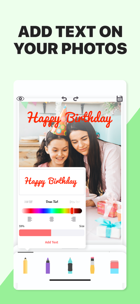 Drawing Pad - Sketchbook App. - Interfaz de la app Drawing Pad mostrando texto decorativo siendo añadido a una foto de cumpleaños