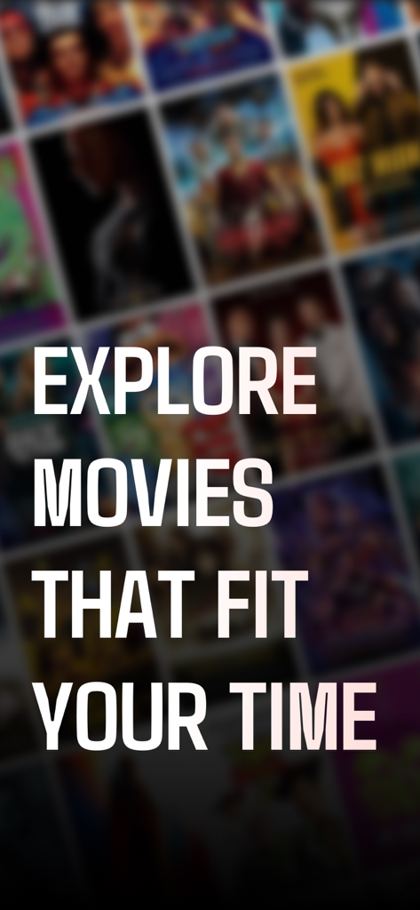 Pobreflix : Movies & Tv Shows - ぼやけた映画のポスターの上に、あなたの時間に合った映画を探索するというテキストが表示されています