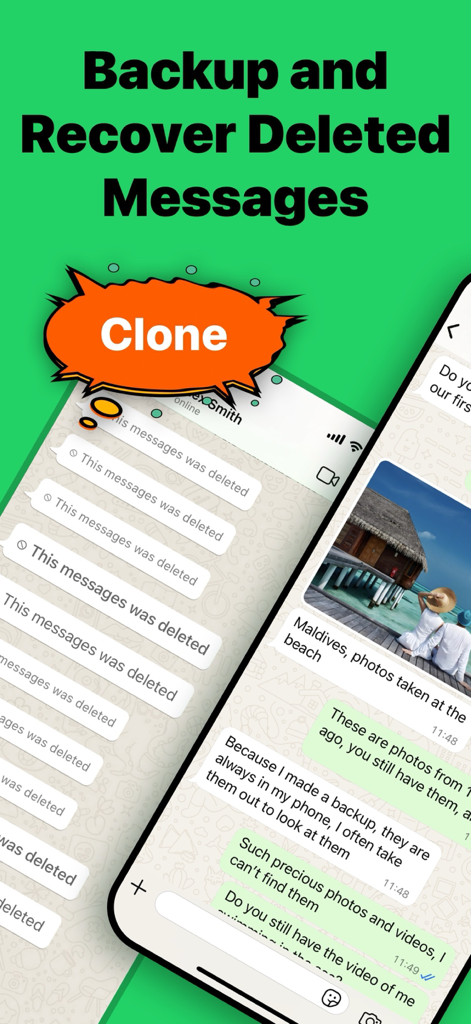 Watsapp Deleted Message Backup - Mobile app interface showing message backup and recovery features with account cloning