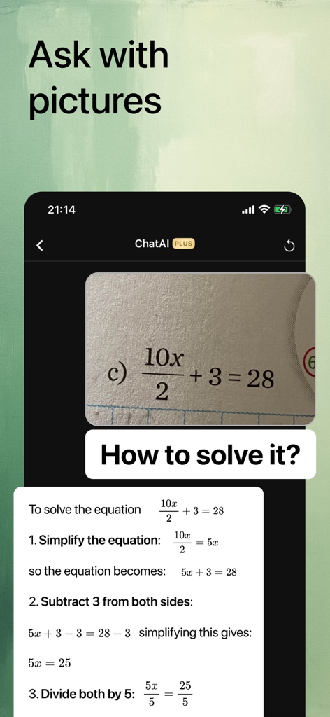 Chat AI: Ask Chatbot Assistant - Chat AI app interface showing a math problem solved from a picture